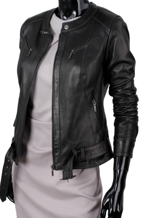 SAR450_1 - Czarna kurtka skórzana damska w rockowym stylu zapinana na zamek DORJAN
