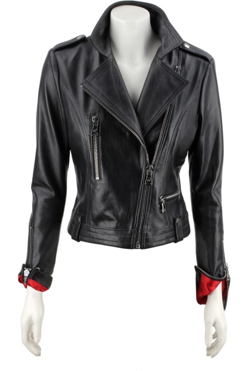 AUR450 - Rockowa ramoneska skórzana z czerwoną podszewką z wysokim kołnierzem i pagonami DORJAN