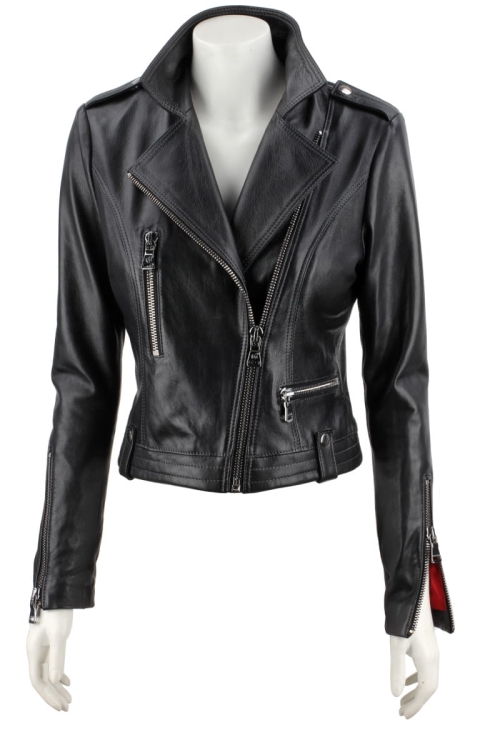 AUR450 - Rockowa ramoneska skórzana z czerwoną podszewką z klasycznymi klapami i rękawami regulowanymi zamkiem DORJAN