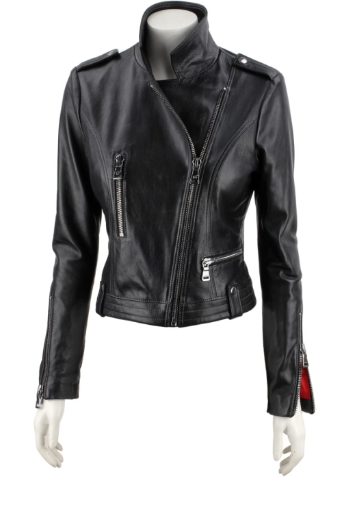 AUR450 - Rockowa ramoneska skórzana z czerwoną podszewką z asymetrycznym zapięciem DORJAN