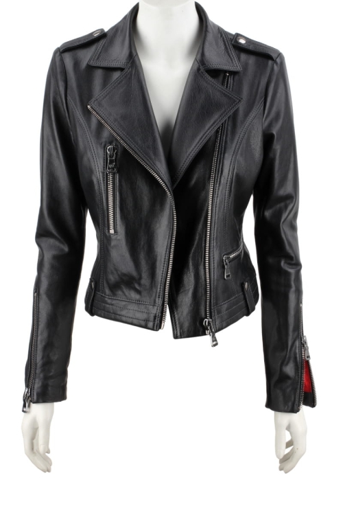 AUR450 - Rockowa ramoneska skórzana z czerwoną podszewką /zapinana asymetrycznie/ pagony/ klasyczne klapy/ kieszenie DORJAN