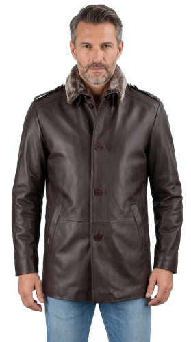 M-324 - płaszcz skórzany męski z brązowej skóry - Wyprzedaż DORJAN