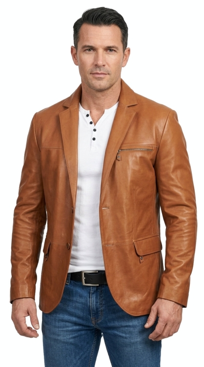 M-341 - Camelowa marynarka skórzana męska - Wyprzedaż DORJAN