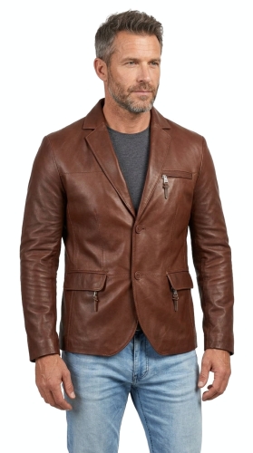 M-093 - casualowa marynarka skórzana męska brązowa - Wyprzedaż DORJAN
