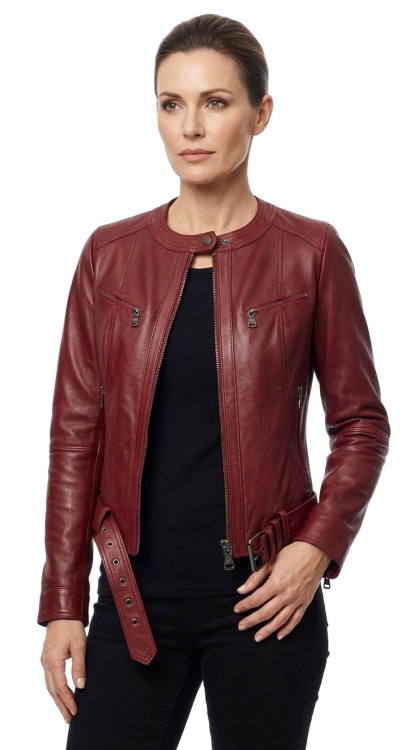 M-271 - bordowa kurtka skórzana damska z paskiem na klamrę - Wyprzedaż DORJAN