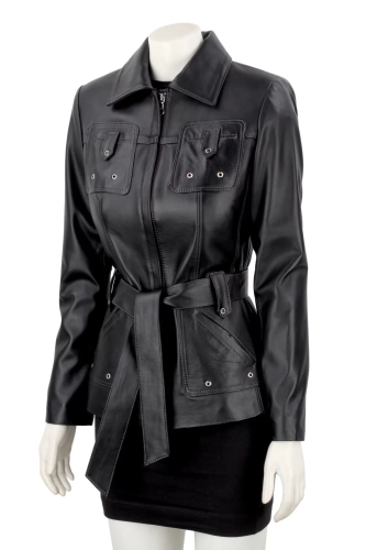 Długa przejściowa kurtka skórzana damska na wiosnę i jesień DORJAN 1.webp