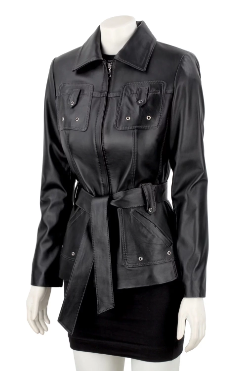 Długa przejściowa kurtka skórzana damska na wiosnę i jesień DORJAN 1.webp