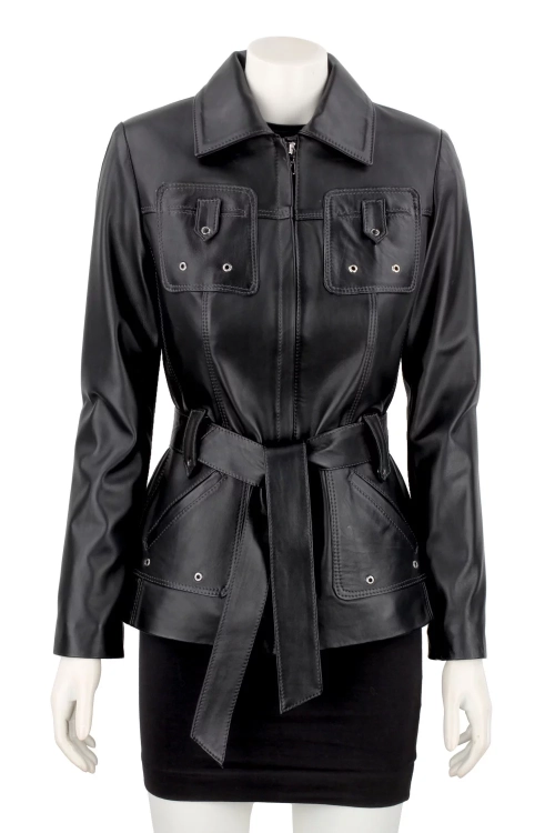 Długa przejściowa kurtka skórzana damska na wiosnę i jesień DORJAN 2.webp