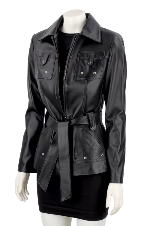 Długa przejściowa kurtka skórzana damska na wiosnę i jesień DORJAN 3.webp