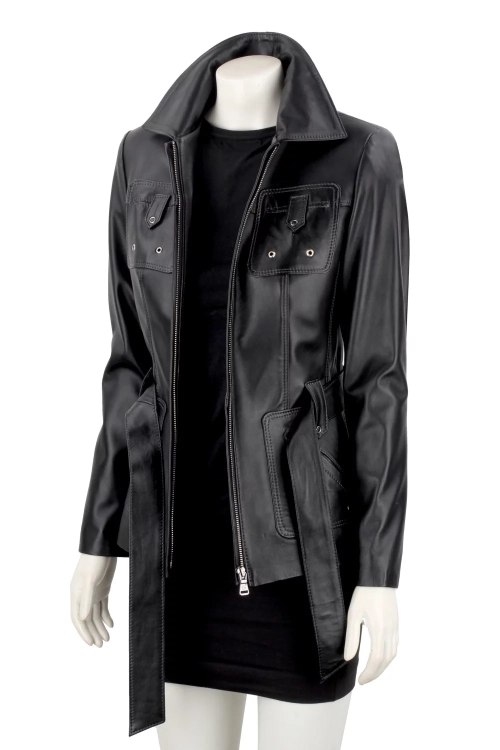 Długa przejściowa kurtka skórzana damska na wiosnę i jesień DORJAN 4.webp