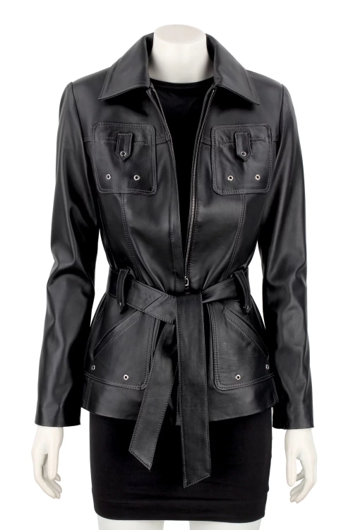 Długa przejściowa kurtka skórzana damska na wiosnę i jesień DORJAN 5.webp