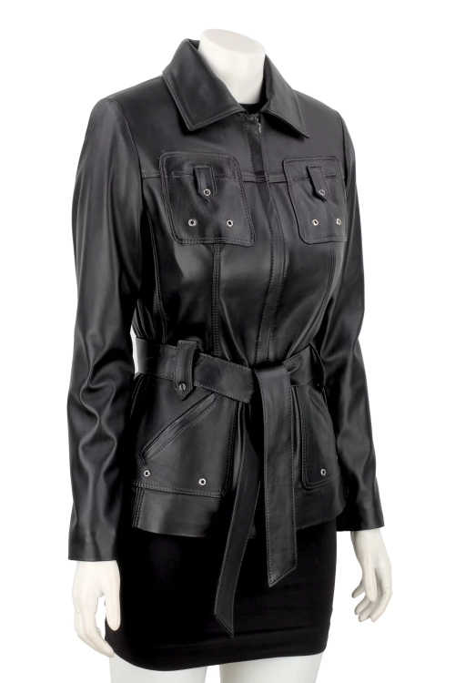 Długa przejściowa kurtka skórzana damska na wiosnę i jesień DORJAN 6.webp