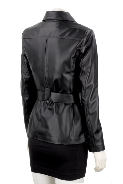 Długa przejściowa kurtka skórzana damska na wiosnę i jesień DORJAN 7.webp