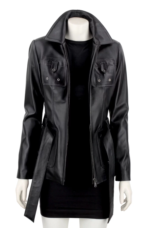 Długa przejściowa kurtka skórzana damska na wiosnę i jesień DORJAN 9.webp