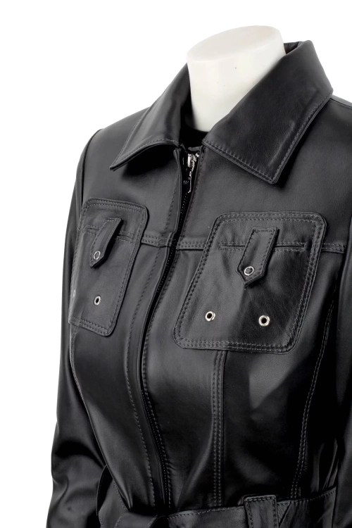 Długa przejściowa kurtka skórzana damska na wiosnę i jesień DORJAN 10.webp