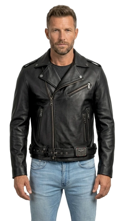 LECH950 1 Czarna Męska Ramoneska Skórzana biker z paskiem DORJAN.webp
