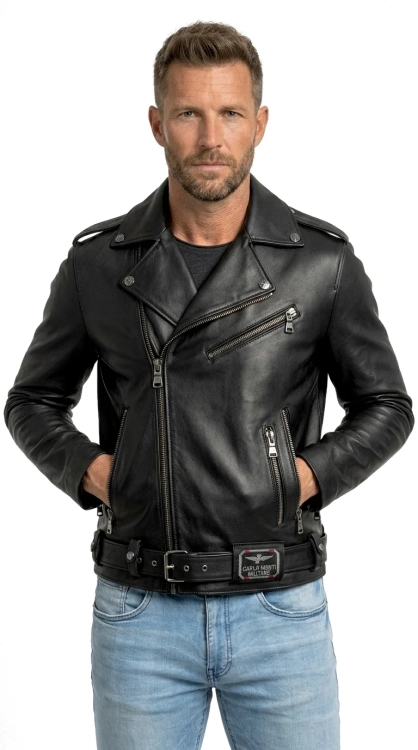 LECH950 2 Czarna Męska Ramoneska Skórzana biker z paskiem DORJAN.webp