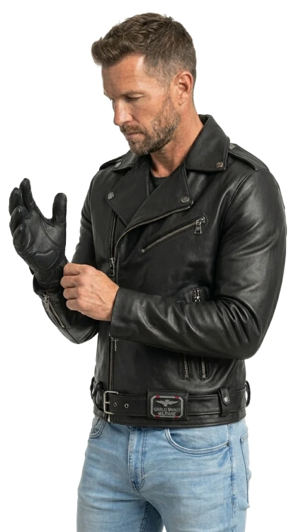 LECH950 3 Czarna Męska Ramoneska Skórzana biker z paskiem DORJAN.webp