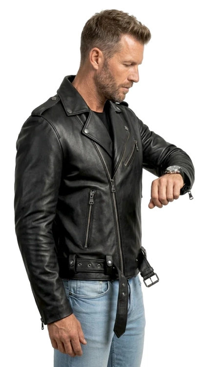 LECH950 5 Czarna Męska Ramoneska Skórzana biker z paskiem DORJAN.webp