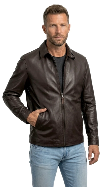 MAT124A 1 Ciemnobrązowa kurtka skórzana męska z kołnierzykiem DORJAN.webp