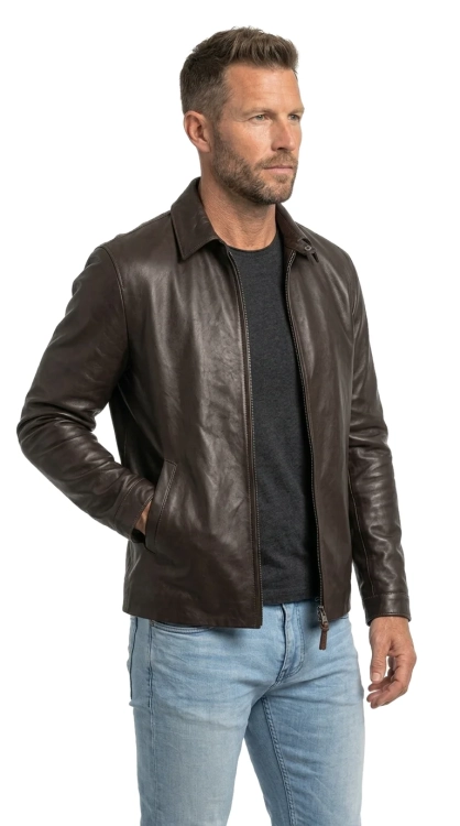 MAT124A 2 Ciemnobrązowa kurtka skórzana męska z kołnierzykiem DORJAN.webp
