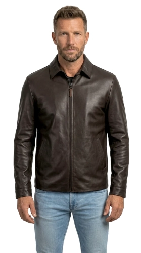 MAT124A 3 Ciemnobrązowa kurtka skórzana męska z kołnierzykiem DORJAN.webp