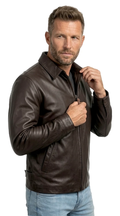 MAT124A 4 Ciemnobrązowa kurtka skórzana męska z kołnierzykiem DORJAN.webp
