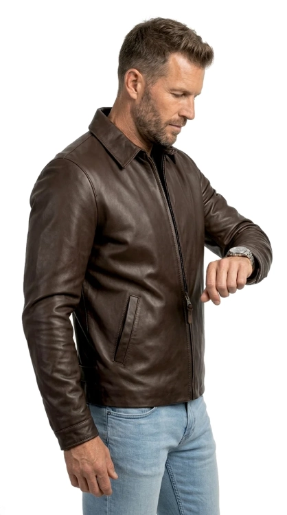 MAT124A 5 Ciemnobrązowa kurtka skórzana męska z kołnierzykiem DORJAN.webp