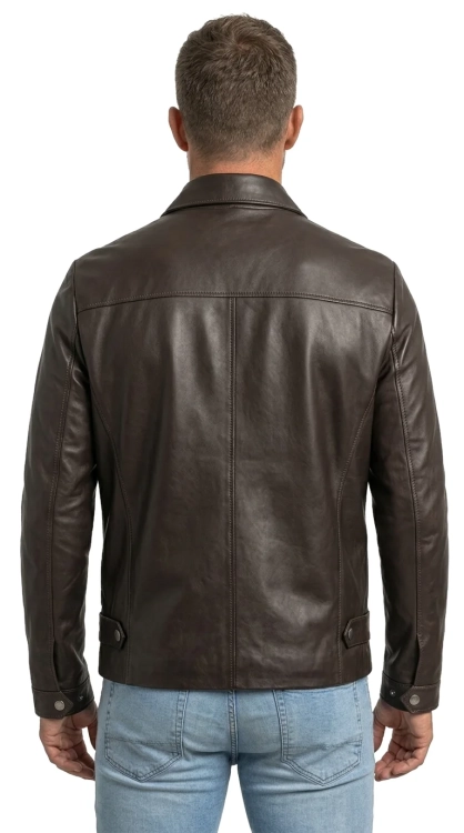 MAT124A 6 Ciemnobrązowa kurtka skórzana męska z kołnierzykiem DORJAN.webp
