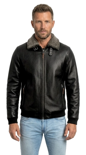 WOT951 Klasyczna pilotka męska skórzana ze ściągaczem i futrzanym kołnierzem DORJAN