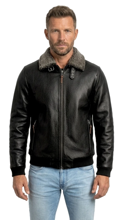 WOT951 Klasyczna pilotka męska skórzana ze ściągaczem i futrzanym kołnierzem DORJAN