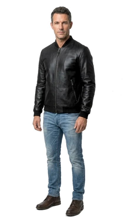 WOJ450G Kurtka skórzana bomberka męska z metalowymi zamkami / ściągacze / czarna skóra owcza DORJAN