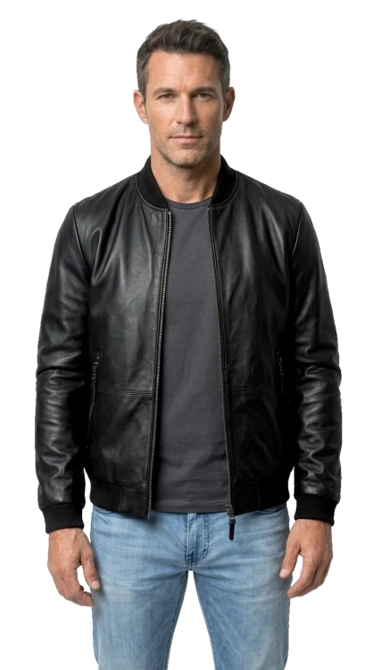 WOJ450G Kurtka skórzana bomberka męska z metalowymi zamkami / ściągacze / czarna skóra owcza DORJAN