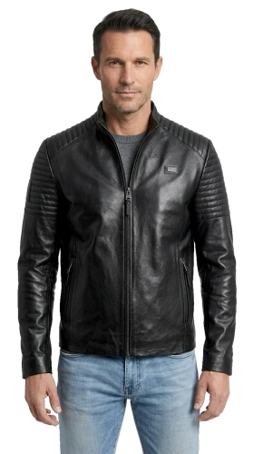 VIT450N - Uniwersalna kurtka skórzana męska z czarnej skóry z pikowaniami na ramionach DORJAN
