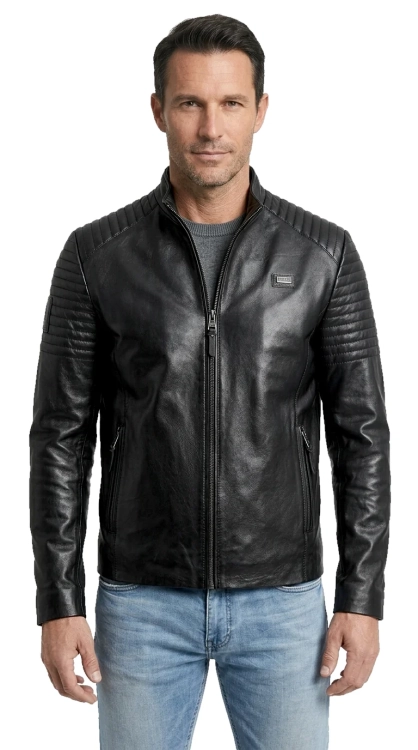 VIT450N - Uniwersalna kurtka skórzana męska z czarnej skóry z pikowaniami na ramionach DORJAN