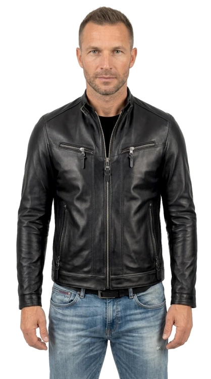 TUS450 - Kurtka skórzana męska biker z czarnej skóry naturalnej DORJAN