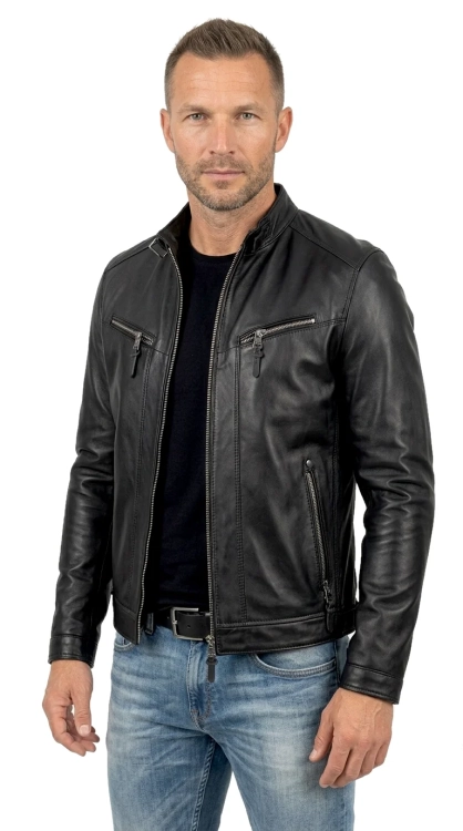 TUS450 - Kurtka skórzana męska biker z czarnej skóry naturalnej DORJAN