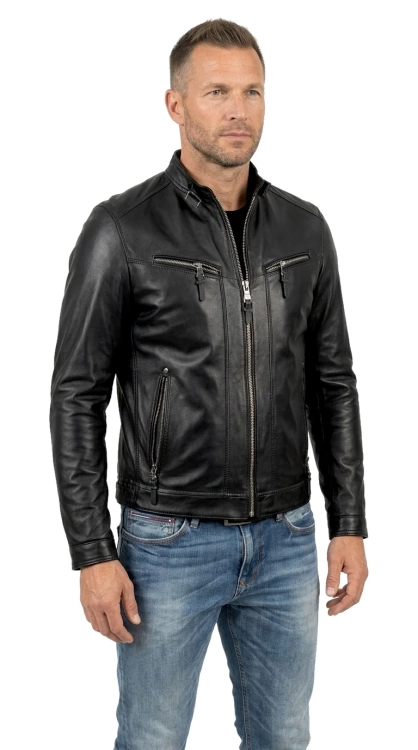 TUS450 - Kurtka skórzana męska biker z czarnej skóry naturalnej DORJAN