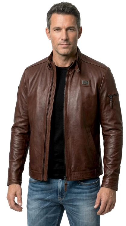 RAFA122A - Ciemnobrązowa kurtka skórzana męska ze skóry owczej DORJAN