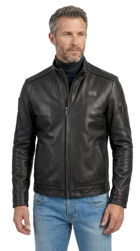RAF450 - Męska kurtka skórzana z czarnej naturalnej skóry licowej z kieszonką na ramieniu DORJAN