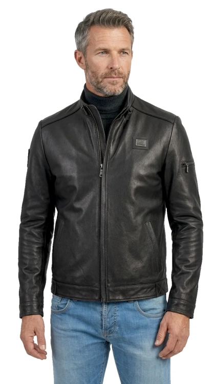 RAF450 - Męska kurtka skórzana z czarnej naturalnej skóry licowej z kieszonką na ramieniu DORJAN