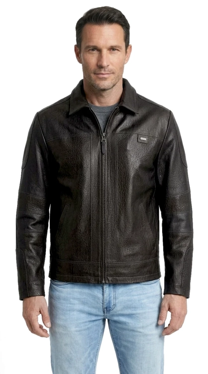 PAO951 - Kurtka skórzana męska w stylu vintage z czarnej skóry DORJAN