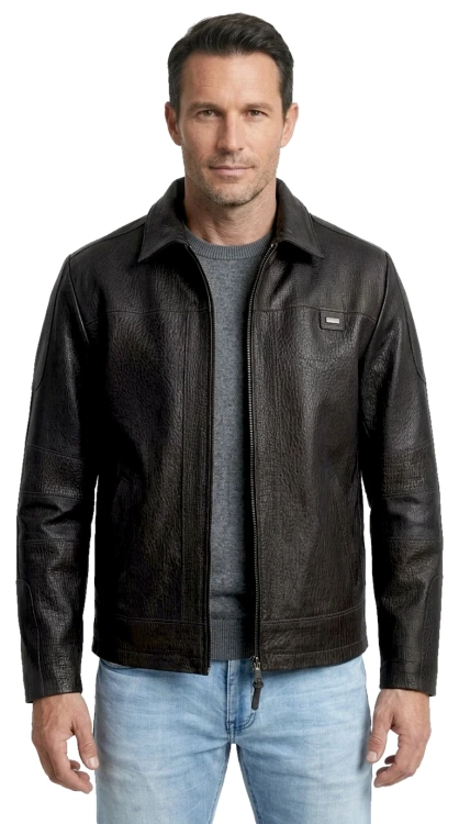 PAO951 - Kurtka skórzana męska w stylu vintage z czarnej skóry naturalnej z widoczną strukturą DORJAN