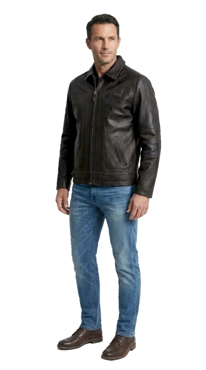 PAO951 - Kurtka skórzana męska w stylu vintage z czarnej skóry DORJAN