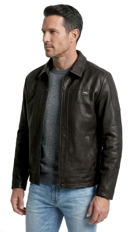 PAO951 - Kurtka skórzana męska w stylu vintage z czarnej skóry DORJAN