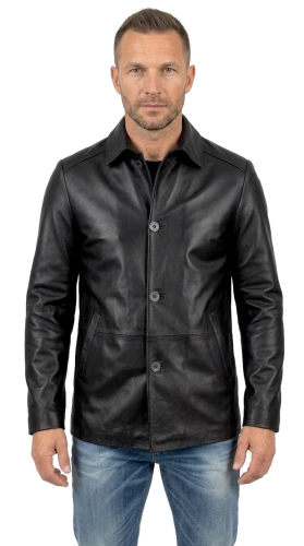 NOR450 - Elegancka kurtka skórzana męska z klasycznym kołnierzem zapinana na guziki DORJAN