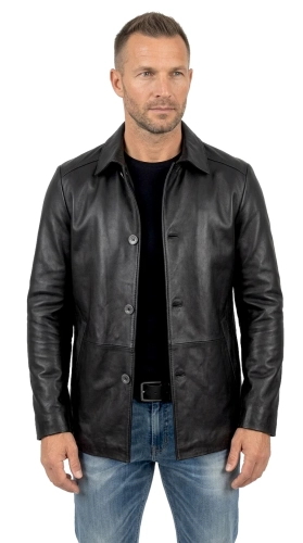 NOR450 - Elegancka kurtka skórzana męska z klasycznym kołnierzem zapinana na guziki DORJAN