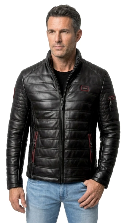 NIK453K - Kurtka skórzana męska pikowana z czerwonymi lamówkami i kieszonką na ramieniu DORJAN