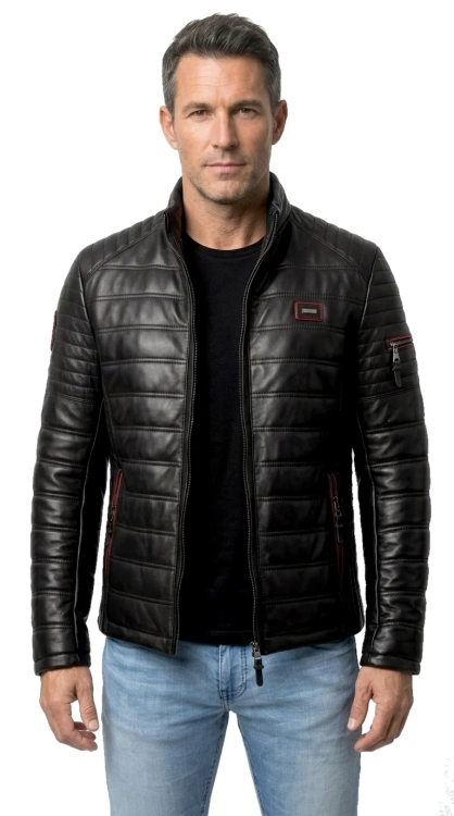 NIK453K - Kurtka skórzana męska pikowana z kieszonką na ramieniu DORJAN
