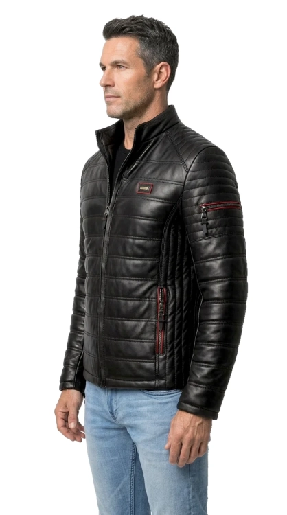 NIK453K - Kurtka skórzana męska pikowana z kieszonką na ramieniu DORJAN